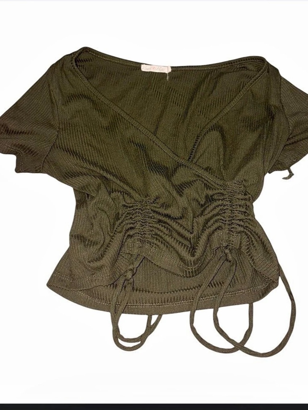 Olive Ruched Tie-Front Crop Top